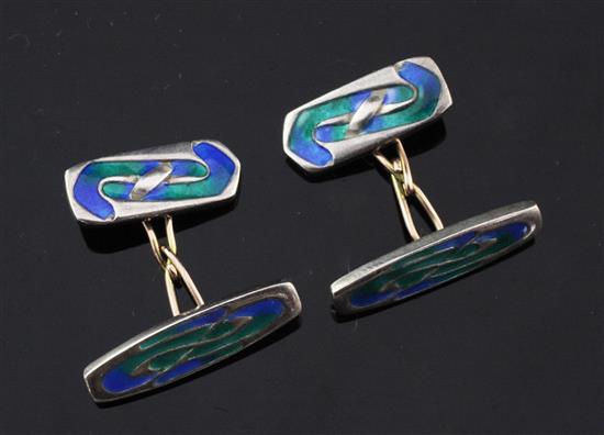 A pair of early 20th century Art Nouveau sterling silver and enamel cufflinks, signed Liberty (similar design by Archibald Knox),